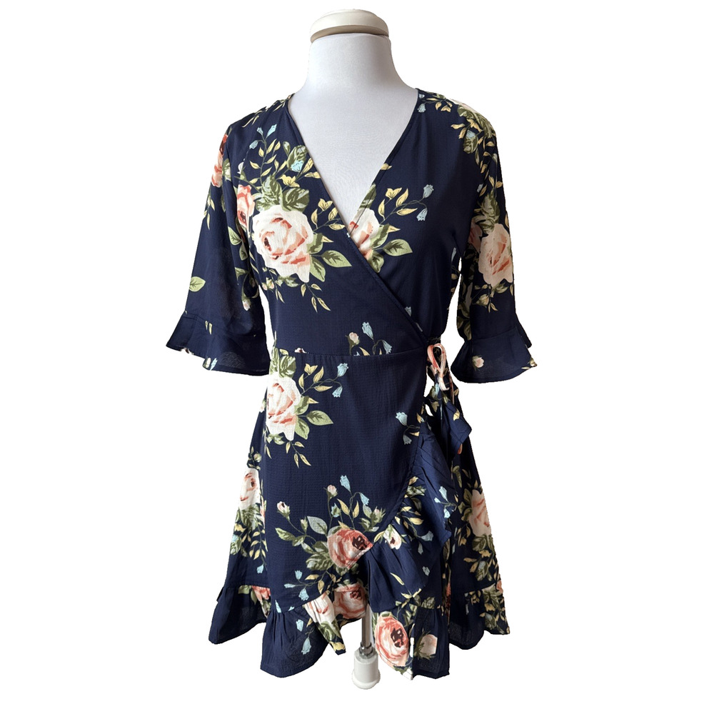 Boohoo Christine Floral NWT Women's 6 Ruffle Wrap Dress Navy Blue Boho Fairy‎